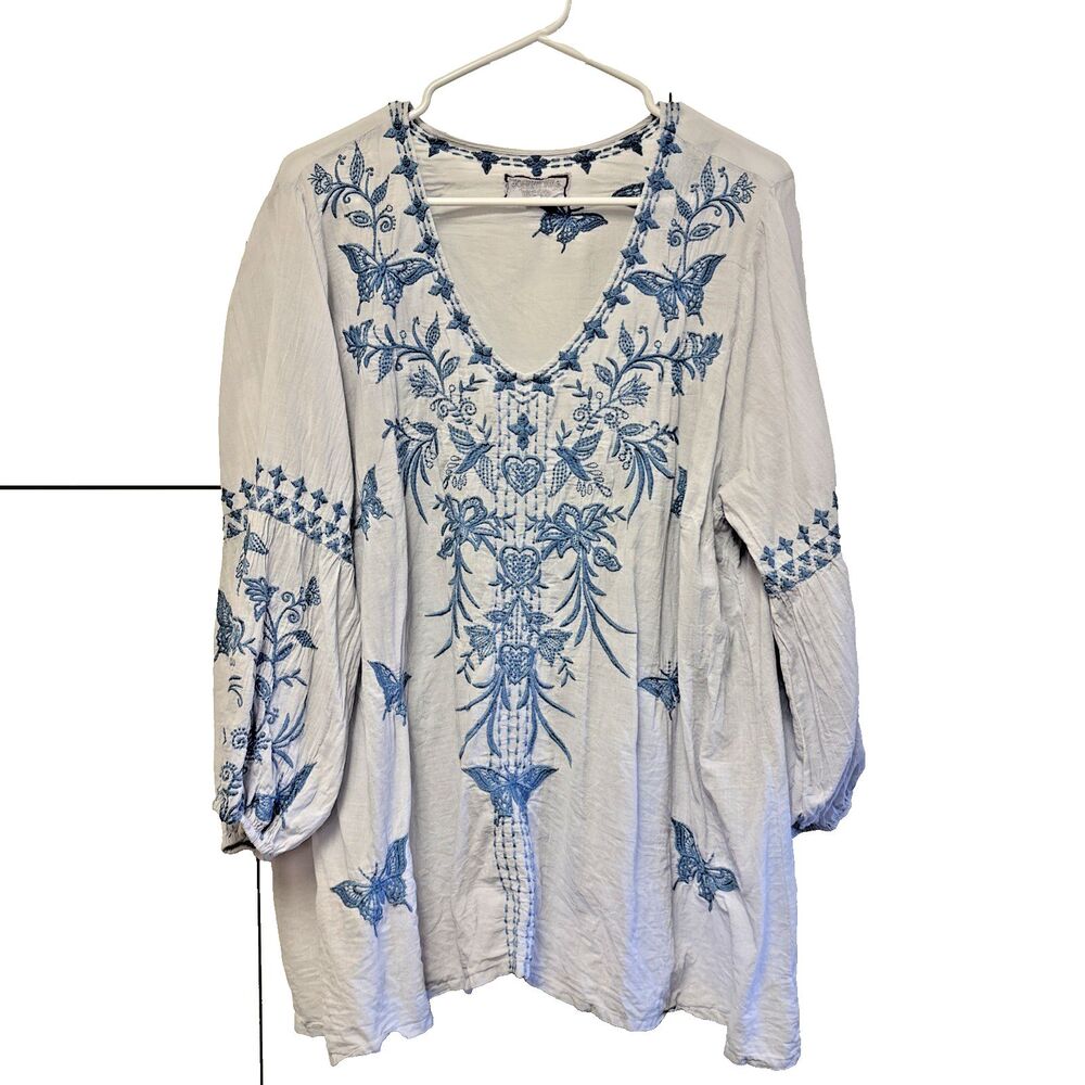 Johnny Was Workshop Lulu Top 3X Puff Sleeve Floral Embroidered Peasant Butterfly